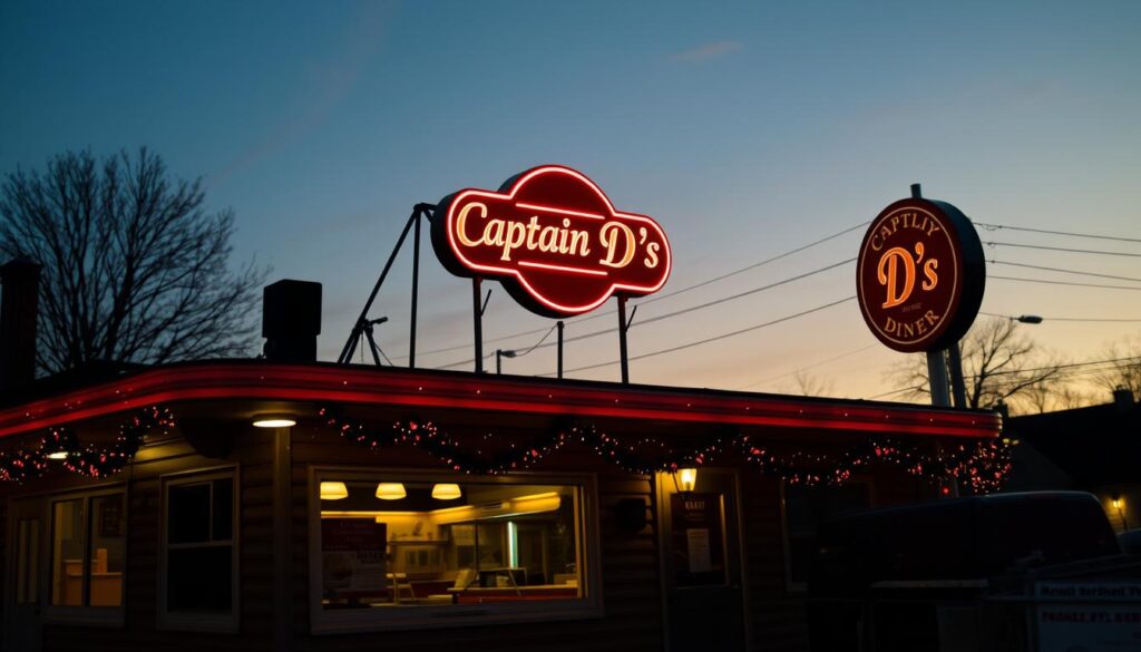 A cozy, dimly-lit diner at dusk, with a neon sign overhead that reads "Captain D's" against a backdrop of a softly-colored twilight sky. The restaurant's exterior is adorned with festive seasonal decorations, hinting at the changing hours throughout the year. The scene captures the essence of a neighborhood seafood eatery, with a warm, inviting atmosphere that invites the viewer to step inside and explore the seasonal variations in its operating schedule.