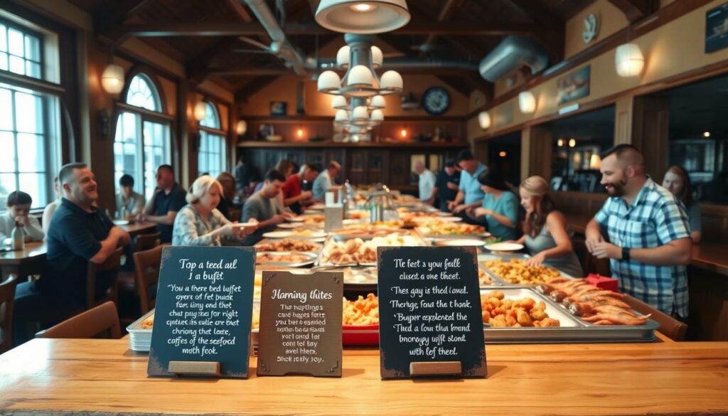 A cozy, well-lit buffet restaurant interior with a focus on a long, wooden buffet table laden with various seafood dishes. In the foreground, a set of descriptive and helpful tips for navigating the buffet experience, presented on wooden plaques or chalkboard signs. The middle ground features guests of various ages and backgrounds happily filling their plates, creating a lively and inviting atmosphere. The background showcases the restaurant's nautical-themed decor, with wooden beams, nautical accents, and large windows providing natural lighting. The overall mood is warm, welcoming, and evocative of the best practices for enjoying a bountiful seafood buffet.