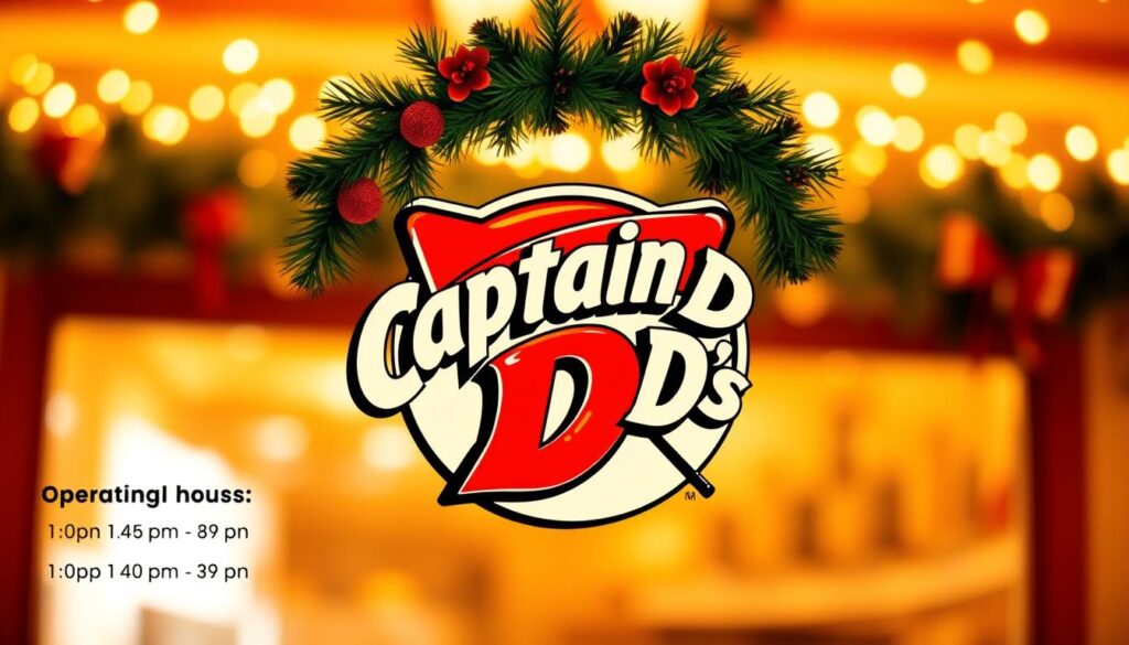 A vibrant, festive holiday graphic featuring the iconic Captain D's logo, set against a warm, cheerful background. The logo is prominently displayed, with a classic holiday wreath adorning the top, creating a festive, celebratory atmosphere. The graphic is lit by soft, golden lighting, casting a cozy glow and evoking a sense of holiday cheer. The overall composition is balanced and visually appealing, with the holiday elements seamlessly integrated into the design. The image conveys the special operating hours and holiday schedule for the Captain D's restaurant chain, catering to the needs of their customers during the holiday season.