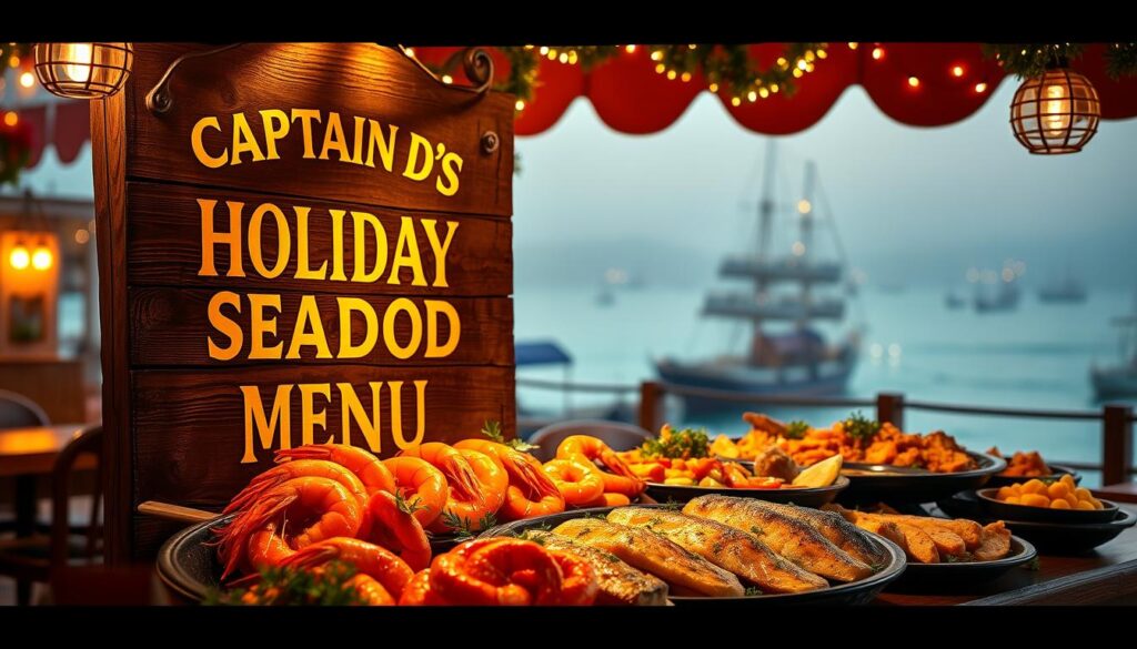 A vibrant, high-quality image of a weathered wooden sign board displaying the "Captain D's Holiday Seafood Menu" in bold, nautical-themed typography. The sign is illuminated by warm, golden lighting, casting a cozy, inviting glow. In the middle ground, a display of fresh, succulent seafood dishes arranged artfully, including shrimp, fish fillets, and holiday-inspired sides. The background features a hazy, out-of-focus scene of a bustling coastal town, with twinkling lights and the faint silhouettes of ships in the distance, creating a festive, seaside atmosphere.