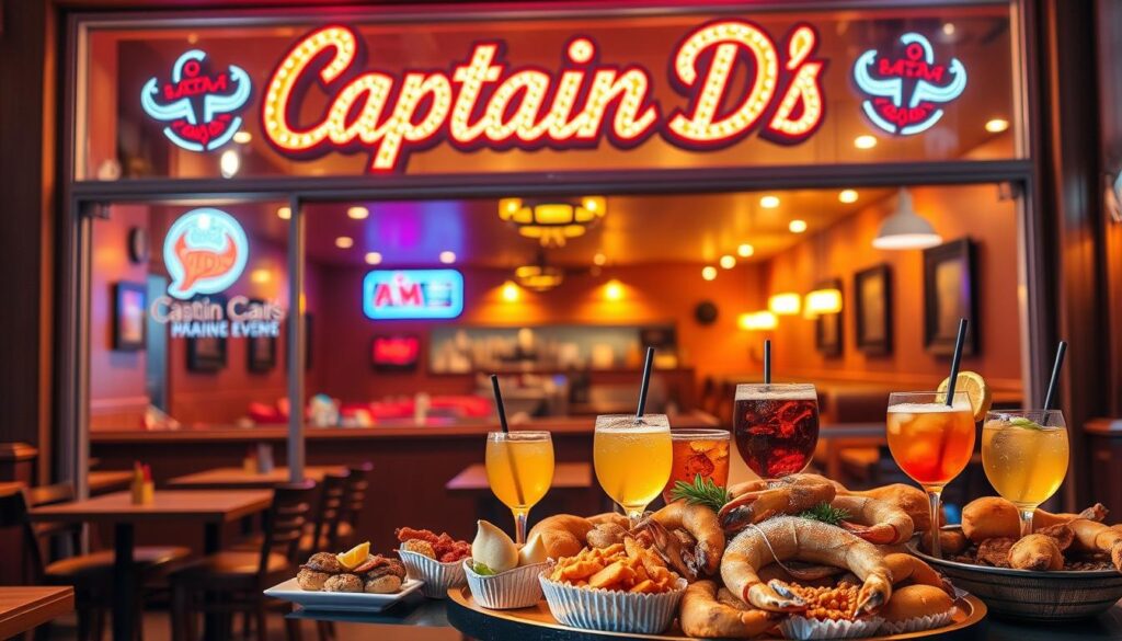 A vibrant storefront display with a large neon sign reading "Captain D's" in bold, retro-inspired lettering. The interior is softly illuminated, showcasing a cozy dining area with wooden furnishings and nautical accents. In the foreground, a dynamic arrangement of seafood dishes and beverages is elegantly presented, inviting the viewer to imagine the special event menu. The background features a warm, golden-hued ambiance, creating a welcoming and celebratory atmosphere. Crisp, high-contrast lighting emphasizes the details, while a shallow depth of field keeps the focus on the star of the show - the enticing Captain D's special event spread.