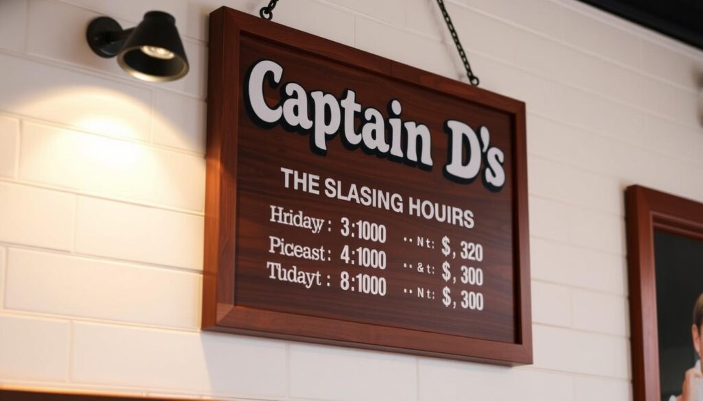 A well-lit, high-quality photograph of a wooden sign displaying the operating hours for a Captain D's seafood restaurant. The sign is hanging on a white-painted wall, with a gentle spotlight illuminating the text. The hours are clearly visible, showcasing the daily schedule for this popular casual dining establishment. The overall atmosphere is warm, inviting, and professional, reflecting the reliable and trustworthy nature of the Captain D's brand.