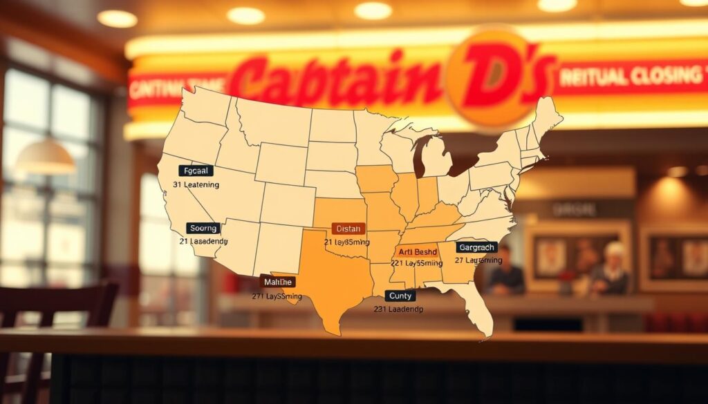 A well-lit, high-resolution image of a detailed map showcasing the regional variations in closing times for the fast-food chain Captain D's. The map occupies the central foreground, with a warm, soft lighting highlighting the different geographical regions and their corresponding closing schedules. The background features a blurred, out-of-focus view of a typical Captain D's restaurant, subtly conveying the overall context. The map uses a color-coded system to clearly indicate the various regional closing times, allowing the viewer to easily comprehend the information. The overall mood is informative and visually appealing, perfectly suited to illustrate the "Regional Variations in Closing Times" section of the article.