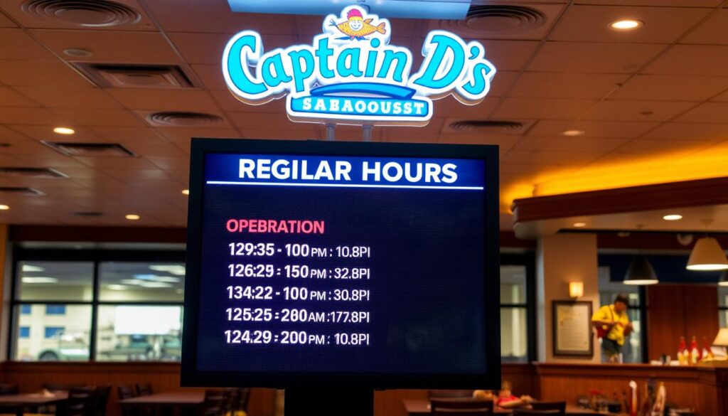 A well-lit, modern interior of a Captain D's seafood restaurant, with a prominent display of the restaurant's regular hours of operation. The scene features a warm, inviting atmosphere with wooden accents, comfortable seating, and soft lighting. The hours of operation are displayed on a large, backlit sign or digital display in the foreground, presenting the daily schedule in a clear, easy-to-read format. The overall composition conveys a sense of professionalism and attention to detail, reflecting the reliable and consistent service that customers can expect from Captain D's.