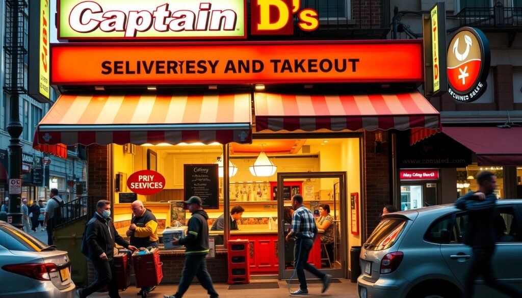 A well-lit, vibrant storefront of "Captain D's Delivery and Takeout Services" on a bustling city street. The exterior features a classic seafood restaurant aesthetic, with a red-and-white striped awning, neon signage, and a large picture window showcasing the cozy dining area. The foreground is populated with delivery personnel, eagerly loading up orders into their vehicles. The middle ground captures the welcoming entrance, complete with a chalkboard menu and a friendly staff member greeting customers. In the background, the street is alive with pedestrians and other local businesses, creating a lively, community-driven atmosphere. The lighting is warm and inviting, conveying the sense of a neighborhood favorite ready to fulfill all your seafood cravings, whether for delivery or takeout.