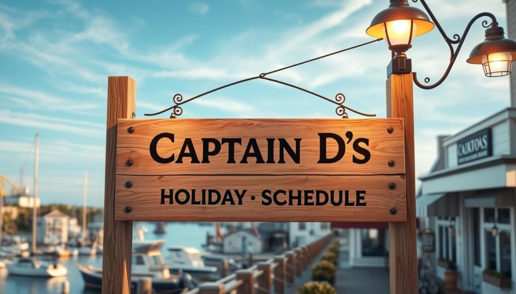 High-resolution, photorealistic 3D render of a sign displaying the "Captain D's Holiday Hours Schedule" against a backdrop of a coastal town. The sign is made of weathered wood and metal, illuminated by warm overhead lighting that casts subtle shadows. The background features a picturesque harbor with bobbing boats, a row of quaint seaside shops, and a clear blue sky with wispy clouds. The overall mood is one of cozy, small-town charm and coastal tranquility. The sign's layout is clean and easy to read, reflecting the professional, yet welcoming, brand of Captain D's seafood restaurant.